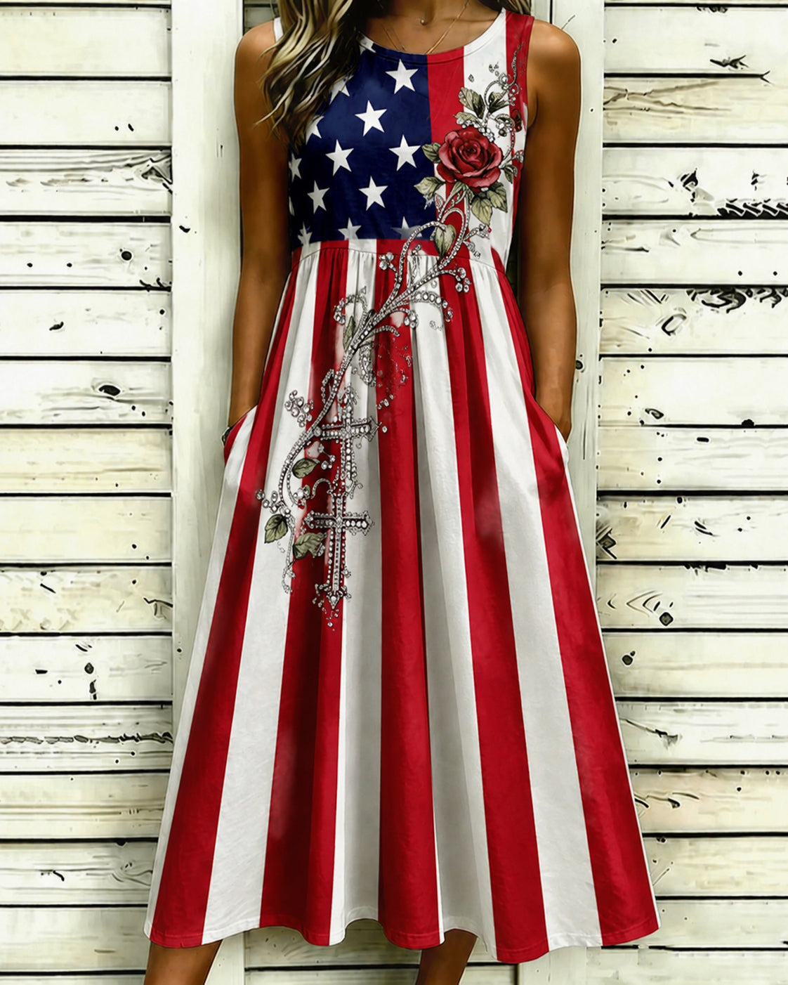 American Flag Silver Rose Sleeveless Pockets Casual Dress