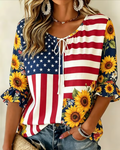 Women'S Round Neck American Flag Sunflower Print Cotton And Linen Top