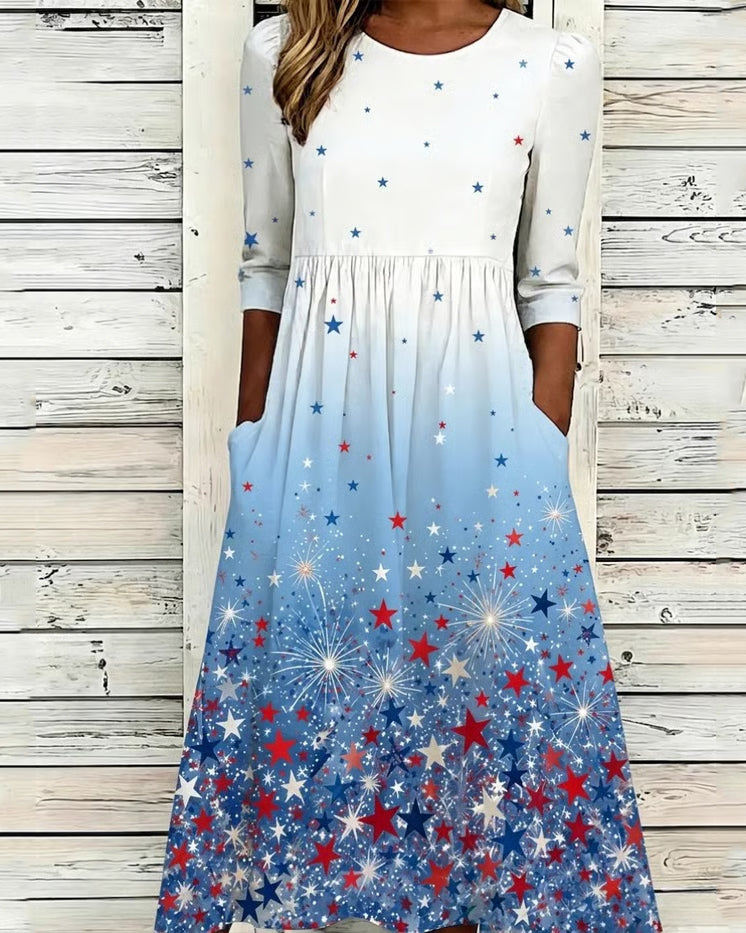 Blue Gradient Little Stars Print Pocket Casual Dress