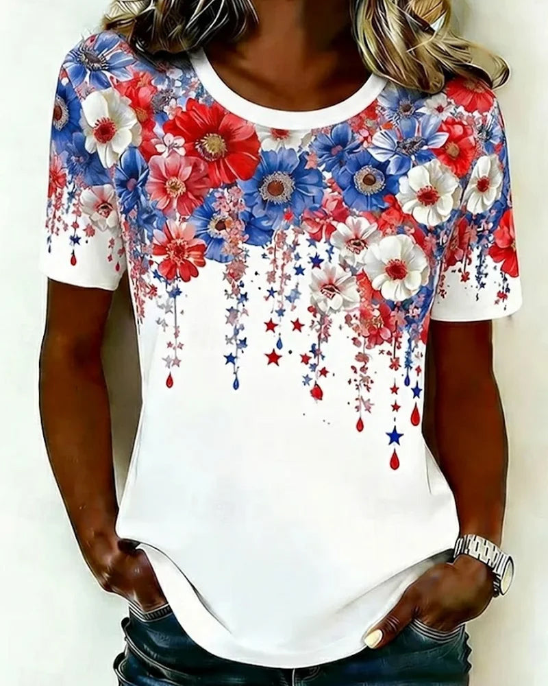 Bohemian Color-Block Flowers Print Crew Neck Short Sleeve Tshirt