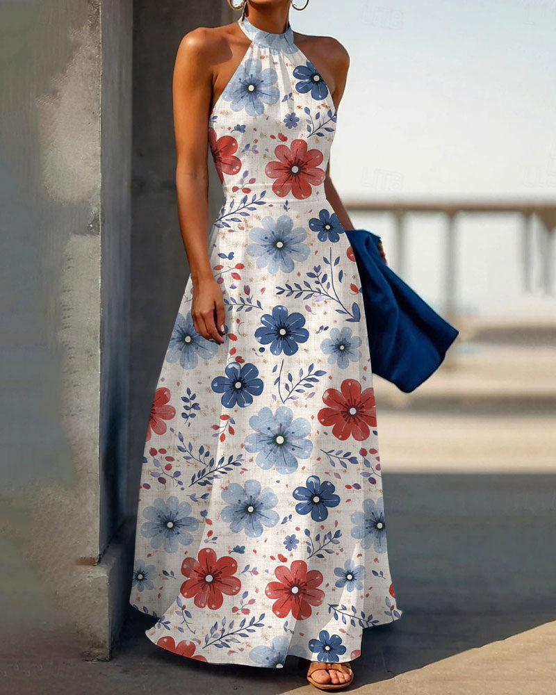 Bohemian Flowers Halter Neck High Waist Maxi Dress