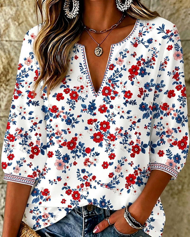 Bohemian Floral Print V‑Neck 3/4 Sleeve Blouse