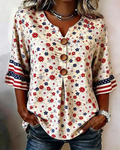 Bohemian Floral Print Cotton Linen Print Blouse