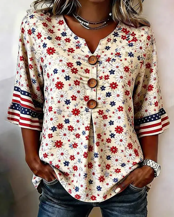 Bohemian Floral Print Cotton Linen Print Blouse