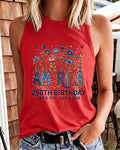 Boho Floral USA 250th Anniversary Print Round Neck Sleeveless Vest