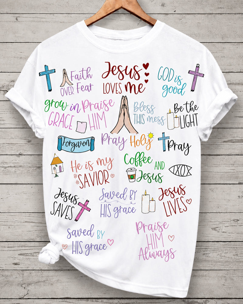Colorful Religious Quotations Cross Hands Fun Printed Short Sleeve T-Shirt