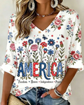 Casual 250 Year Print V-neck Half Sleeved Loose Top