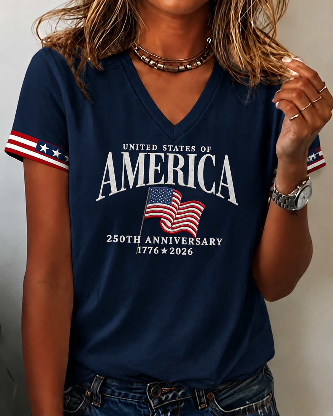 Celebrate 250th Anniversary Print with National Flag Print V-neck Short Sleeve Tshirt