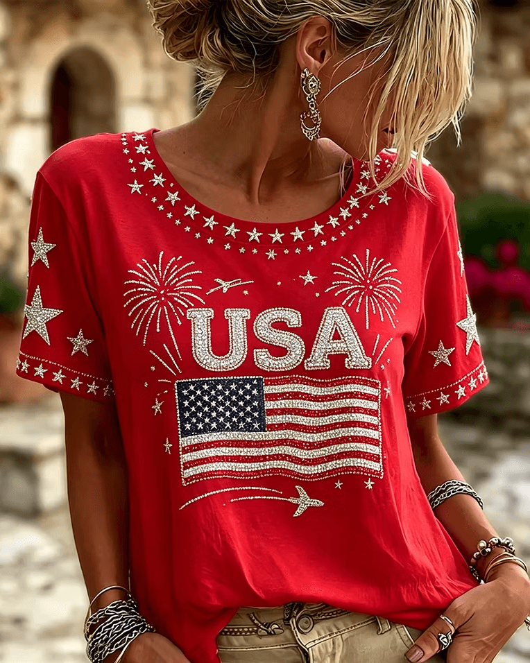 Celebrating American Independence Day Print Crew Neck Short Sleeve Tshirt