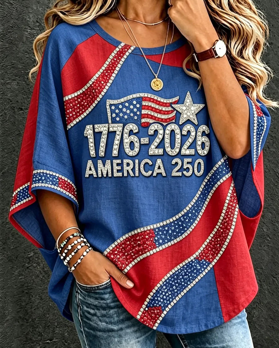 Celebrating American Independence Day Print Round Neck Loose Top