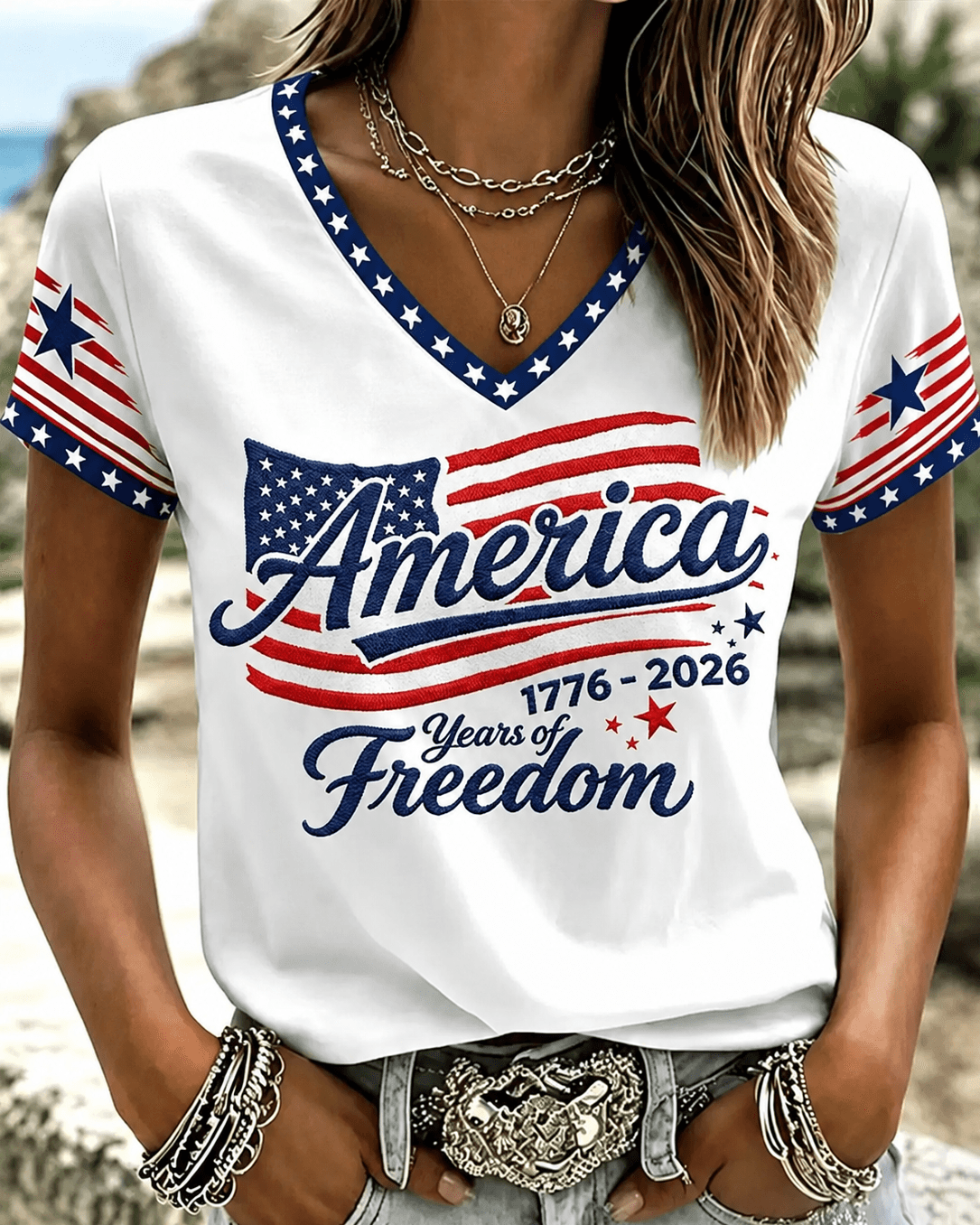 Celebrating American Independence Day Print V-neck Short Sleeve Tshirt