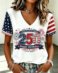 Celebrating the 250th Anniversary Letter Print with National Flag Print V-neck Short Sleeve Tshirt