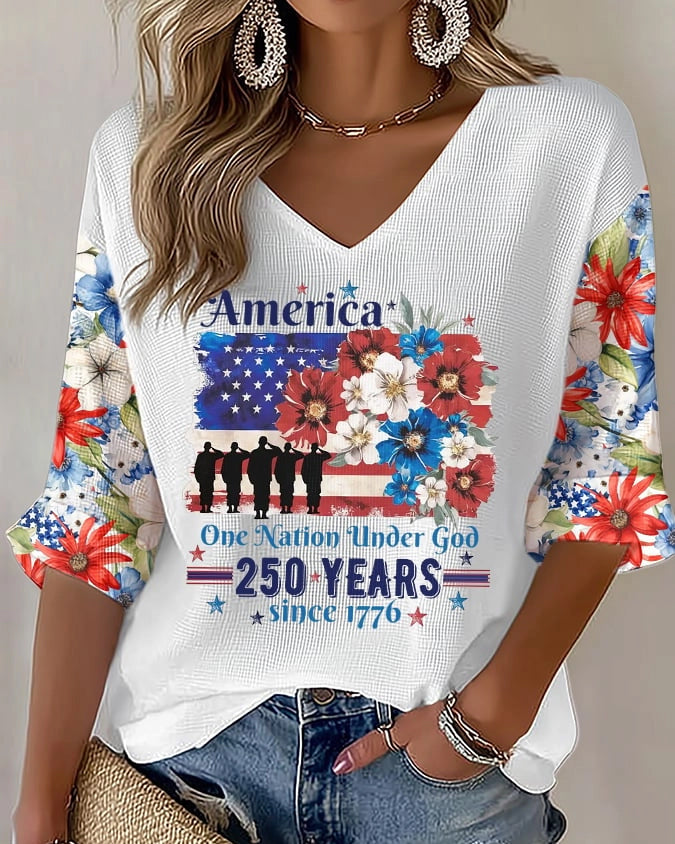 Celebrating The 250th Anniversary Print V-neck Half Sleeved Loose Top