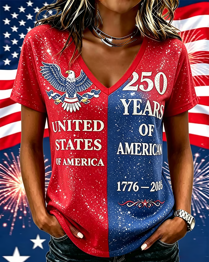 Women's Celebrating The 250th Anniversary Together Print V-neck Short Sleeve Tshirt