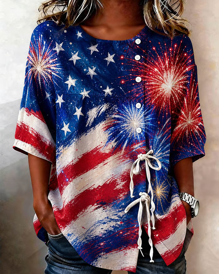 Celebrating The 250th Anniversary Cotton Linen Button-down Tie Blouse