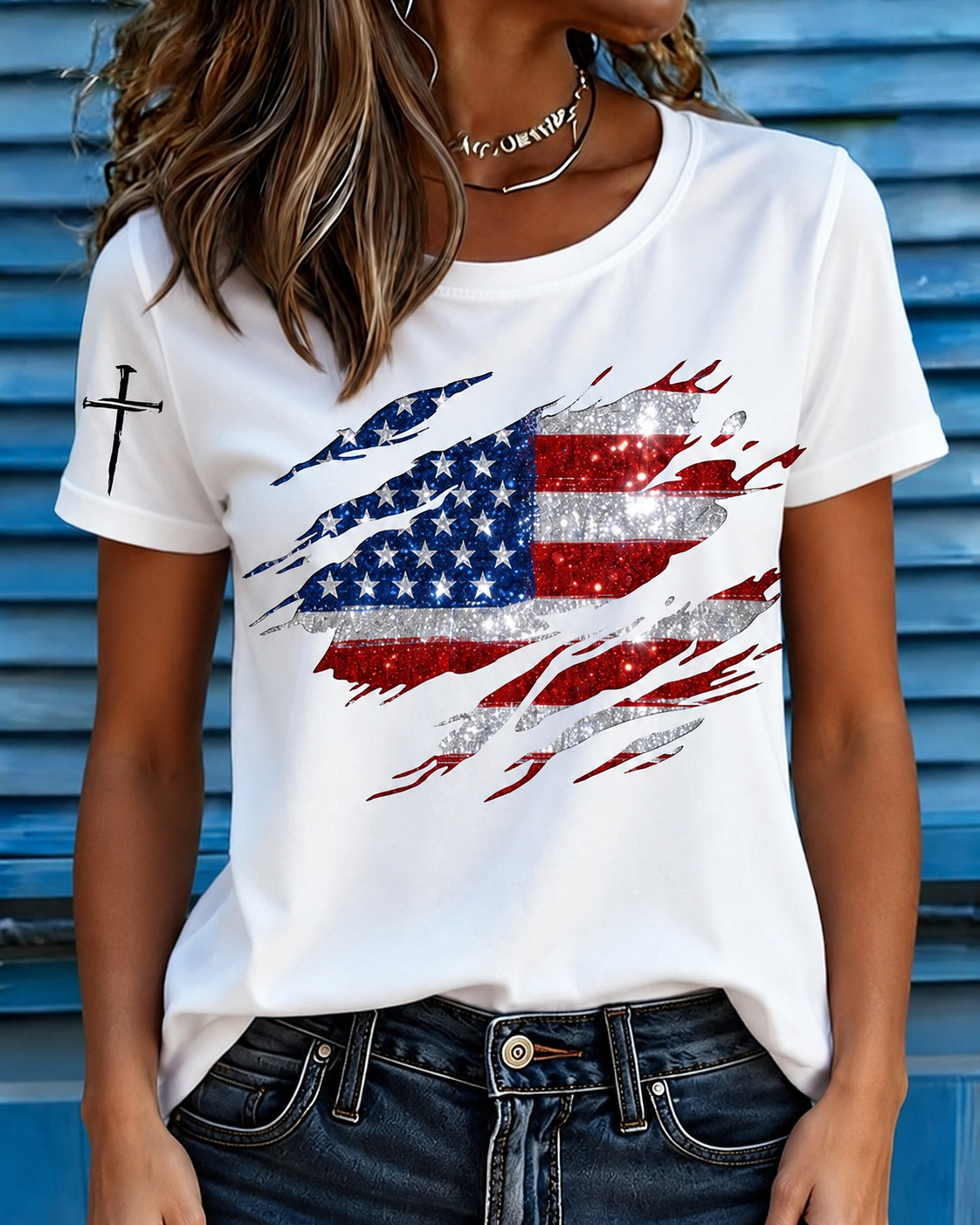 100% Cotton Fun Flag Cross Crew Neck Short Sleeve Tshirt