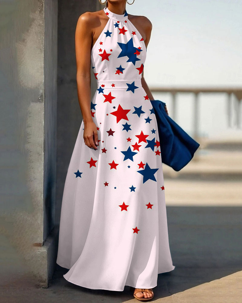 Color-block Irregular Stars Halter Neck High Waist Maxi Dress