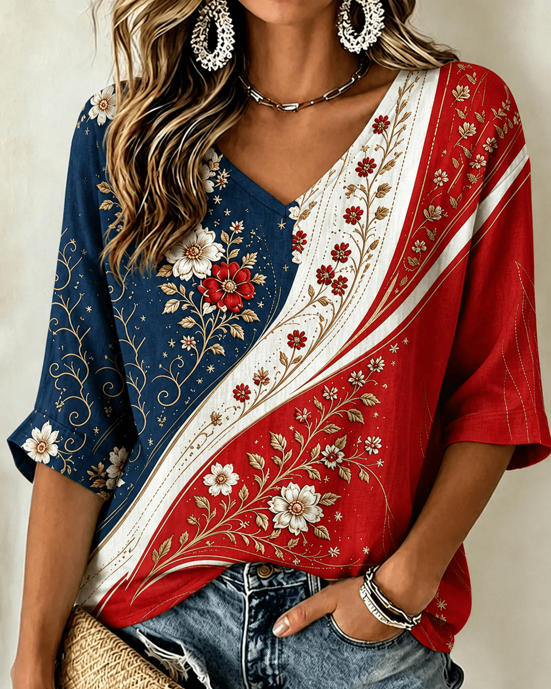 Color-block Wavy Flowers Print V-neck Half Sleeved Loose Top