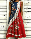 Color-blocked Bohemian Floral Patterns Sleeveless Pockets Casual Dress