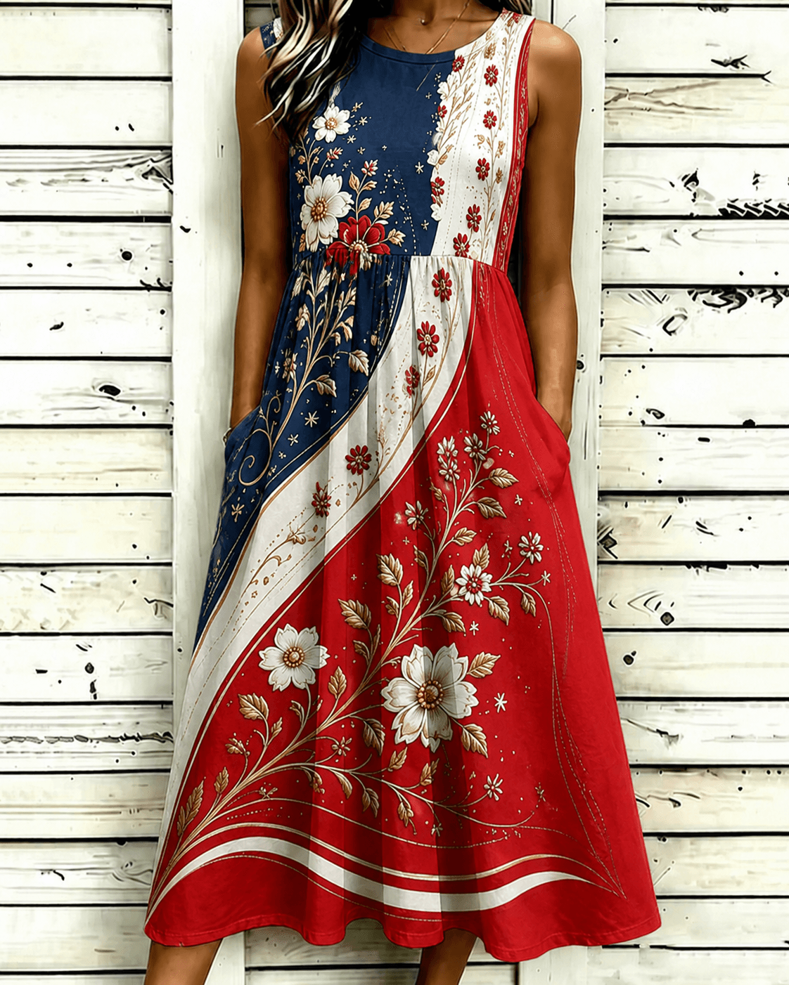 Color-blocked Bohemian Floral Patterns Sleeveless Pockets Casual Dress