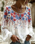 Color-blocked Floral Art Print Round Neck Puff Sleeves Blouse