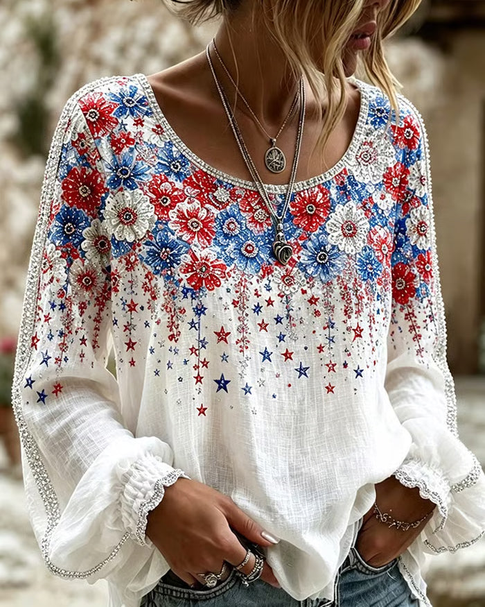 Color-blocked Floral Art Print Round Neck Puff Sleeves Blouse