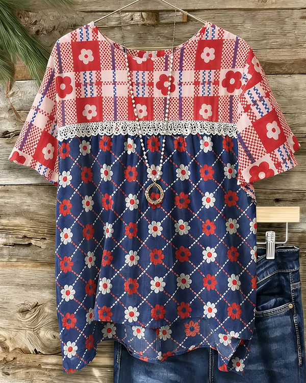 Color-blocked Floral Lace Print Patchwork Round Neck Blouse