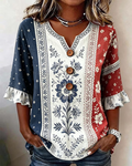 Color-blocked Floral Lace Print Cotton Linen Print Blouse