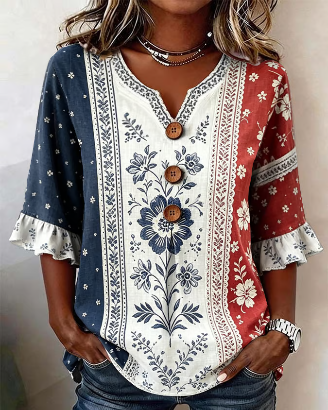 Color-blocked Floral Lace Print Cotton Linen Print Blouse
