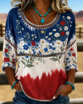 Color-blocked Floral Patchwork Print Round Neck Blouse