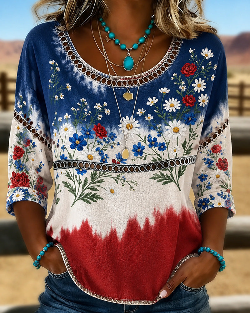 Color-blocked Floral Patchwork Print Round Neck Blouse