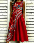 Color-blocked Hot-stamped Rhinestone Polka Dot Flowers Sleeveless Pockets Casual Dress