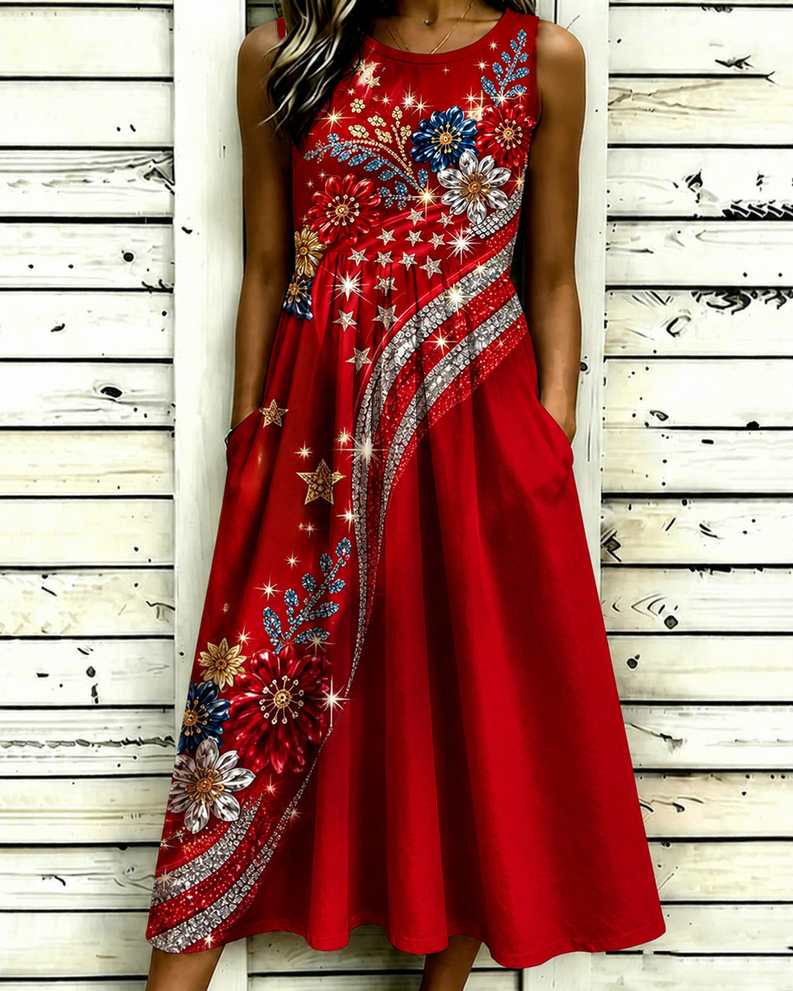 Color-blocked Hot-stamped Rhinestone Polka Dot Flowers Sleeveless Pockets Casual Dress