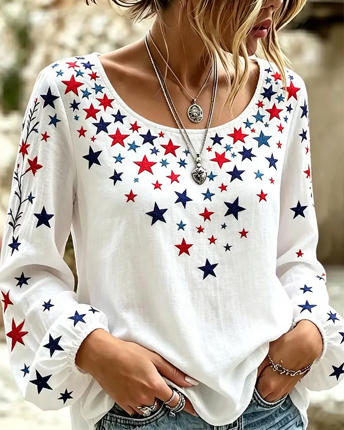 Color-blocked Little Stars Print Round Neck Puff Sleeves Blouse