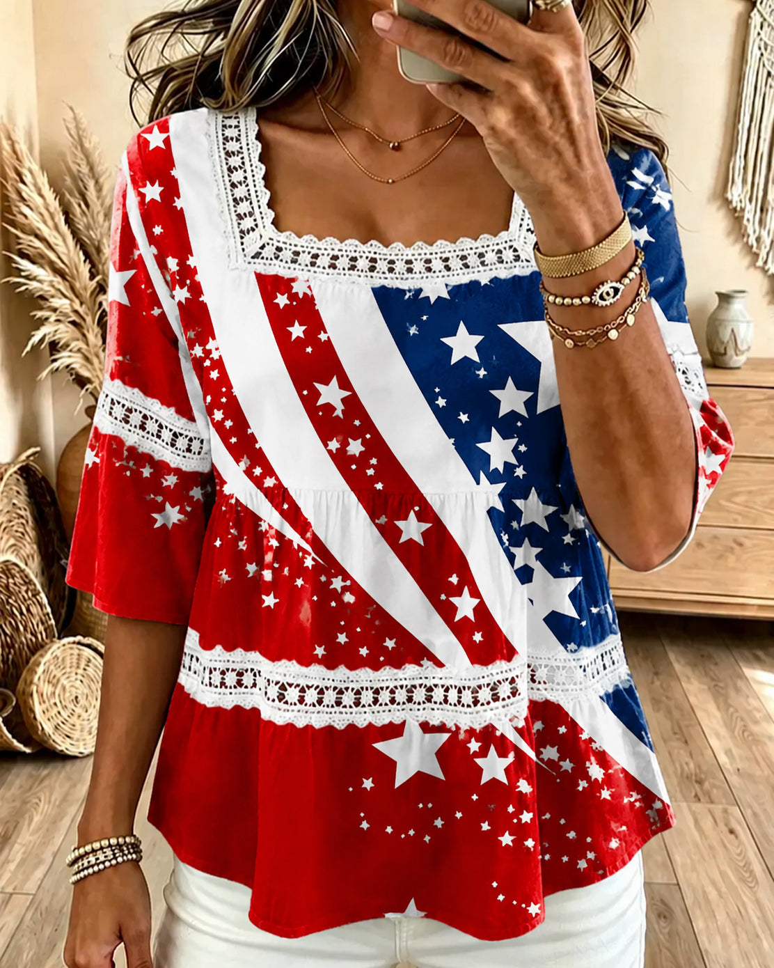 Color-blocked National Flag Print Square Neck Hollow-out Blouse