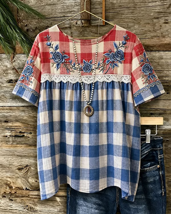 Color-blocked Plaid Floral Lace Print Patchwork Round Neck Blouse