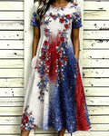 Color-blocked Roses Print Pocket Casual Dress