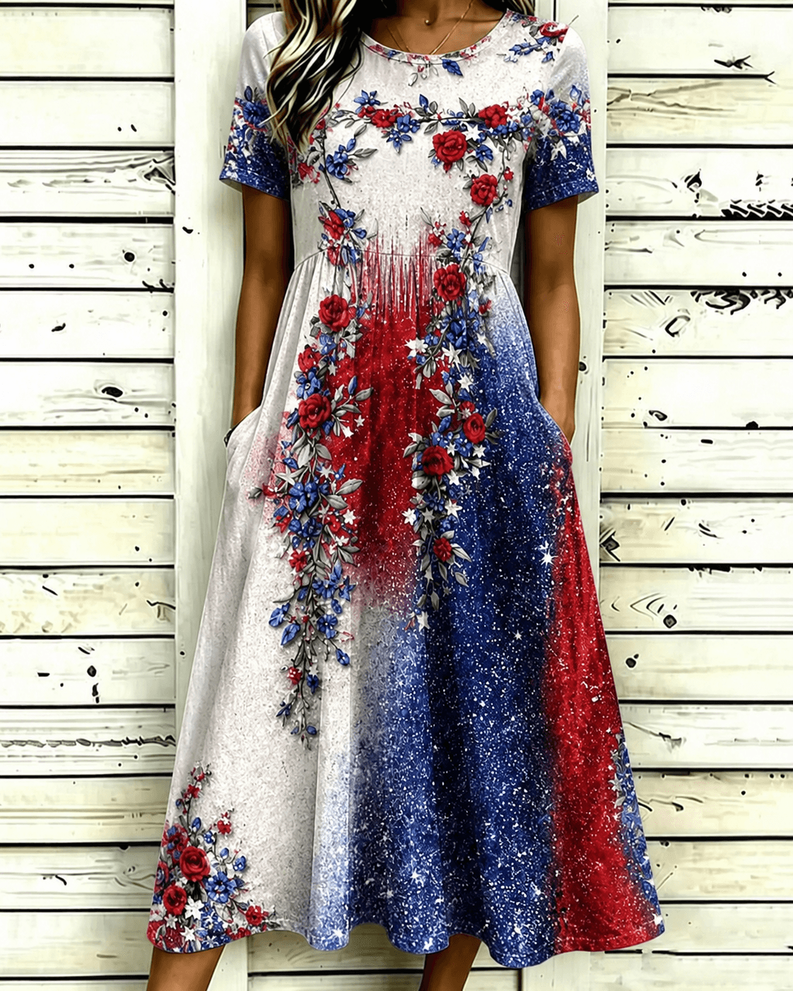 Color-blocked Roses Print Pocket Casual Dress