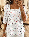 Color-blocked Star and Heart-patterned Square Neck Hollow-out Blouse