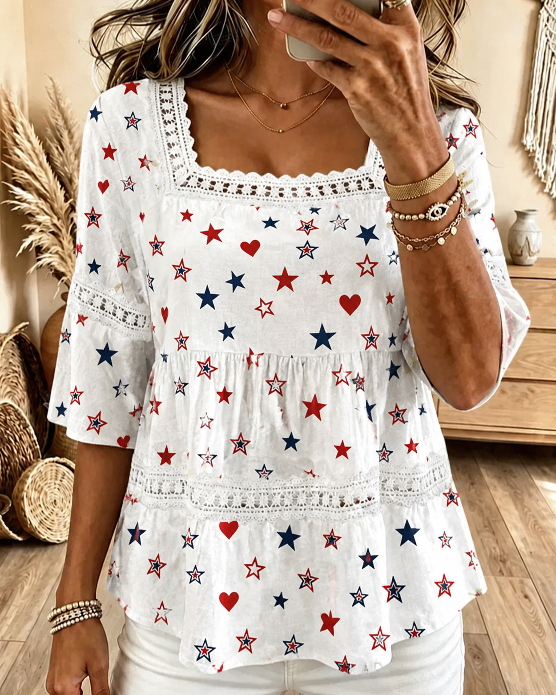 Color-blocked Star and Heart-patterned Square Neck Hollow-out Blouse