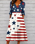 Color-blocked Star Art V-neck Puff Sleeve Casual Dress