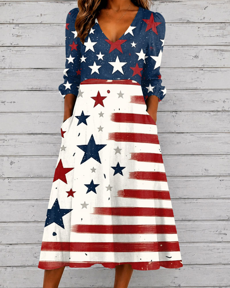 Color-blocked Star Art V-neck Puff Sleeve Casual Dress
