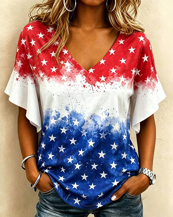 Color-blocked Star Print V-Neck Lace Sleeve T-shirt