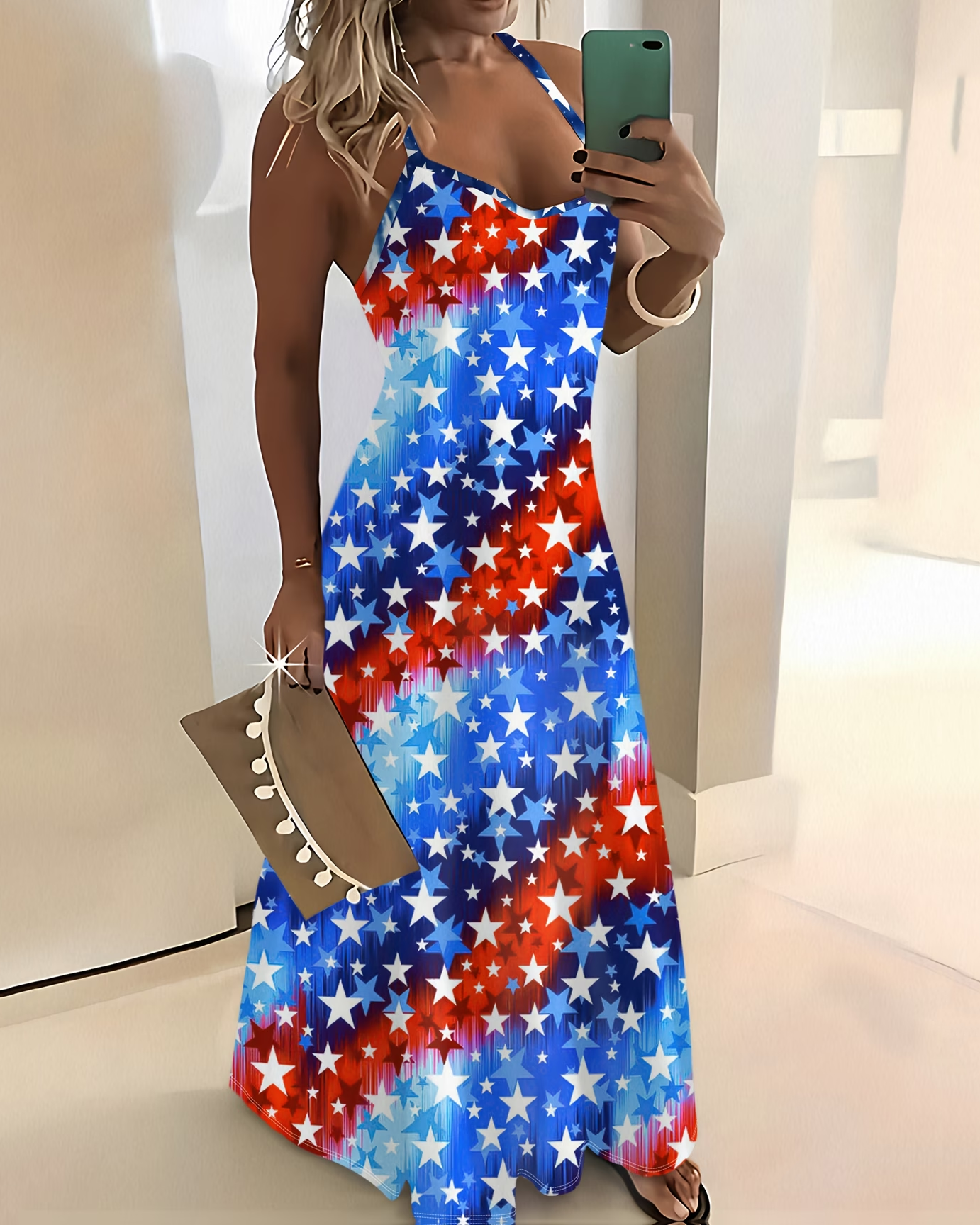 Sling Color-blocked Stars Print Pocket Maxi Dress