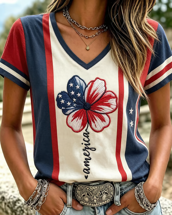 Color-blocked Striped Anniversary Floral Print V-neck Short Sleeve Tshirt