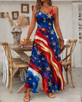 Color-blocked Striped Stars Print Pocket Maxi Dress