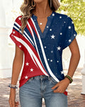Color-blocked Striped Stars Print Short Sleeve Blouse