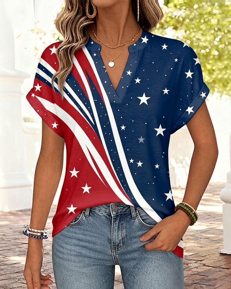 Color-blocked Striped Stars Print Short Sleeve Blouse