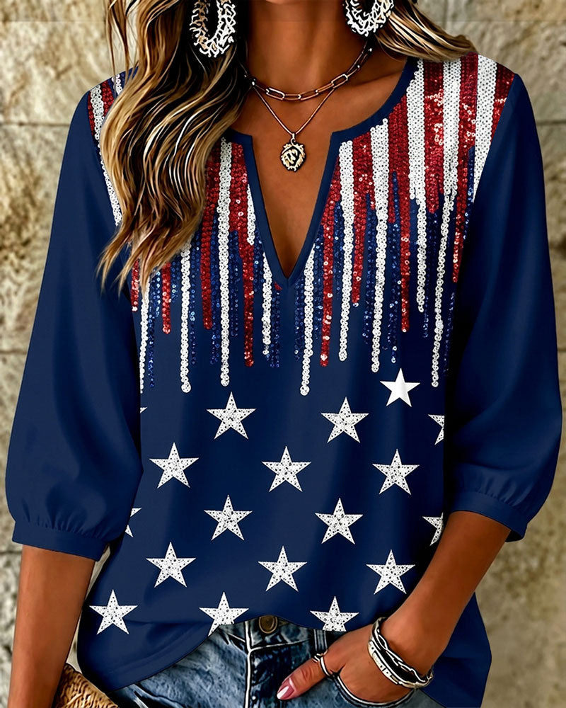 Color-blocked Striped Stars Print V‑Neck 3/4 Sleeve Blouse