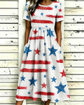 Color-blocked Striped Stars Print Pocket Casual Dress